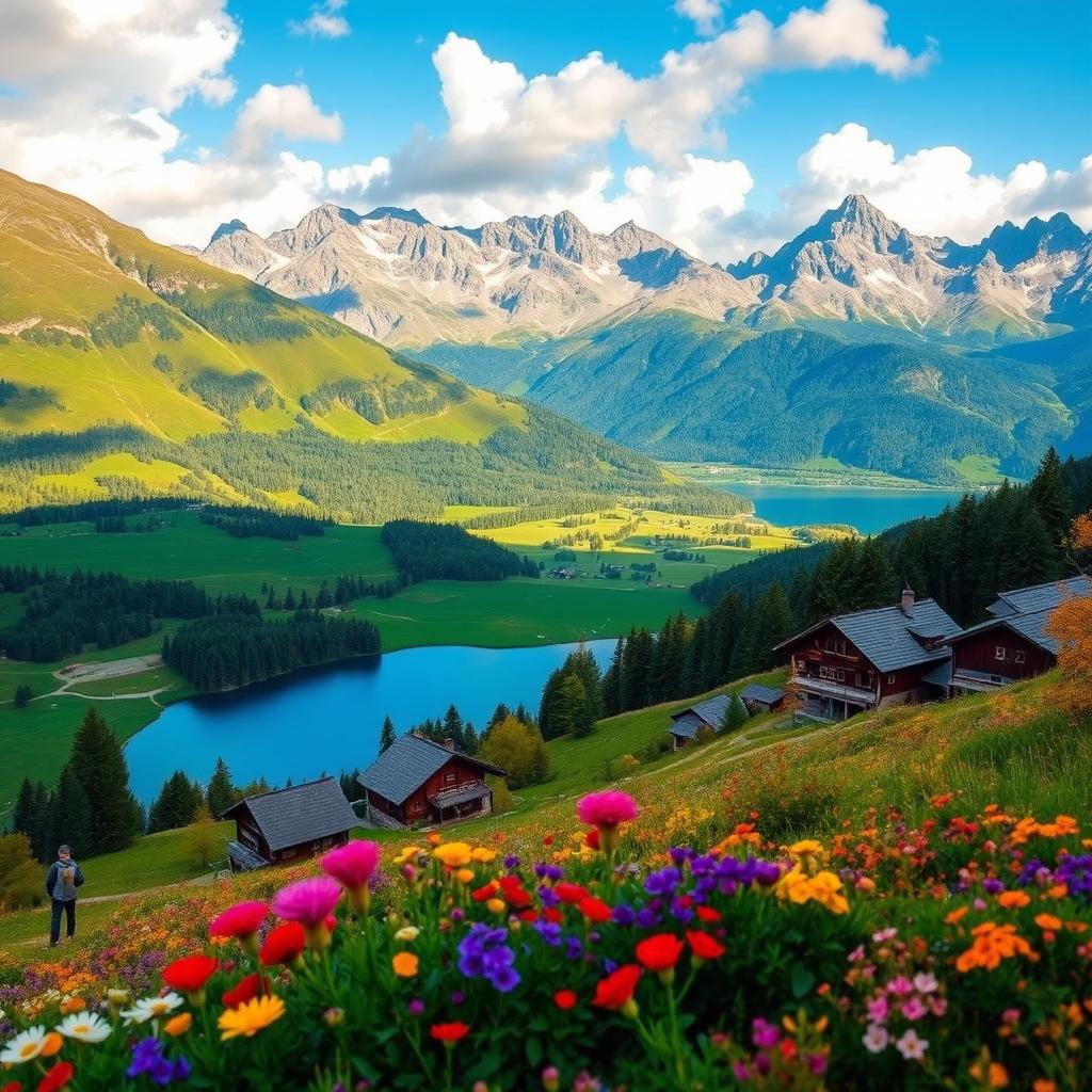 A stunning landscape of Slovakia featuring the majestic High Tatras mountains in the background, lush green valleys, and crystal-clear lakes