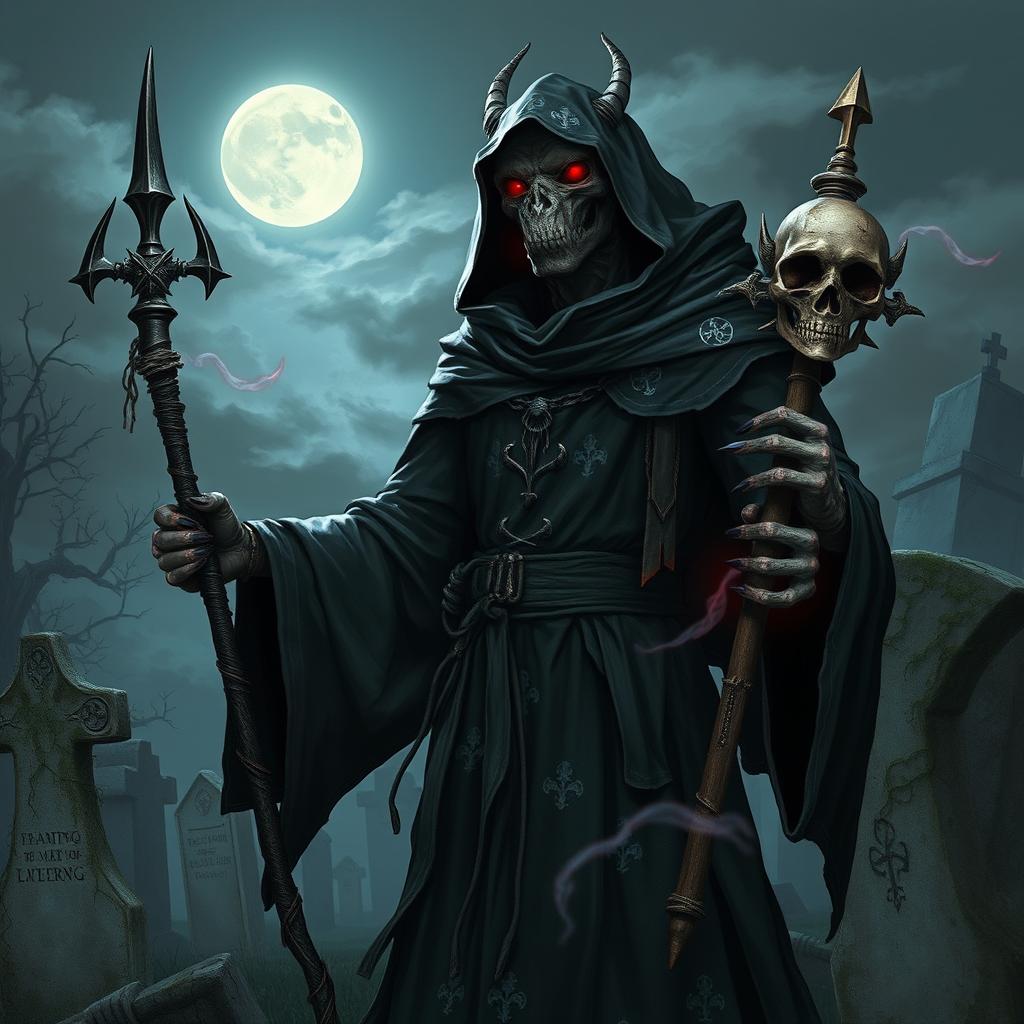 An undead dragonborn cleric of death, tall and formidable, draped in tattered black robes adorned with silver symbols of death