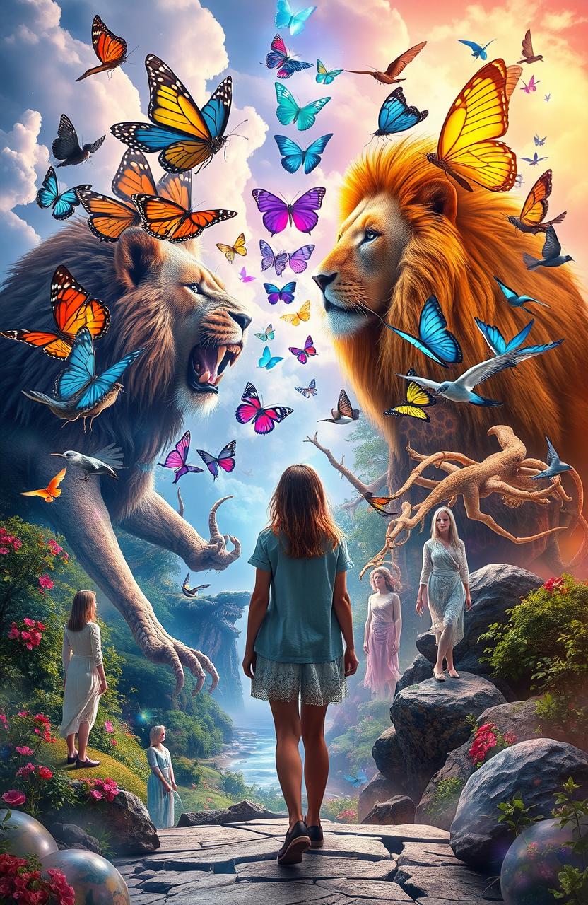A fantastical scene combining multiple magical worlds, featuring colorful butterflies, majestic lions, hybrid creatures, blue nightingales, and transparent people