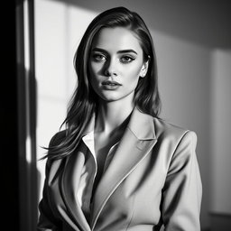 A black and white portrait of a 20-year-old Baltic politician, showcasing her sexy allure and youthful energy