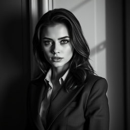 A black and white portrait of a 20-year-old Baltic politician, showcasing her sexy allure and youthful energy