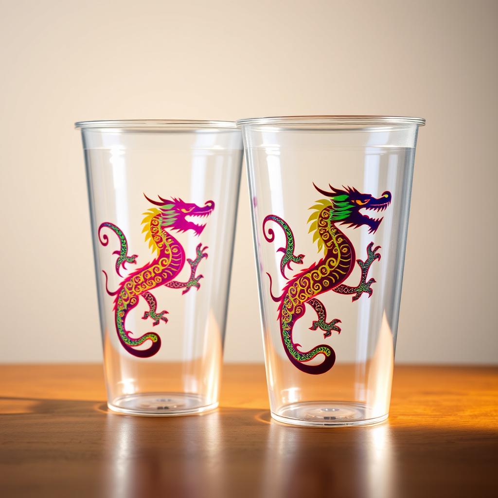 A vibrant logo depicts a stylized silhouette of an intricate dragon, decorated with swirling patterns and vivid colors, prominently showcased on two clear plastic cups