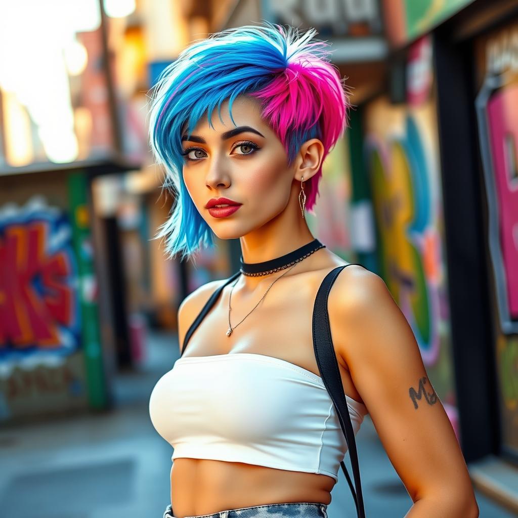 A stylish young woman with short hair, characterized by a vibrant color such as electric blue or bright pink, capturing a lighthearted and playful mood