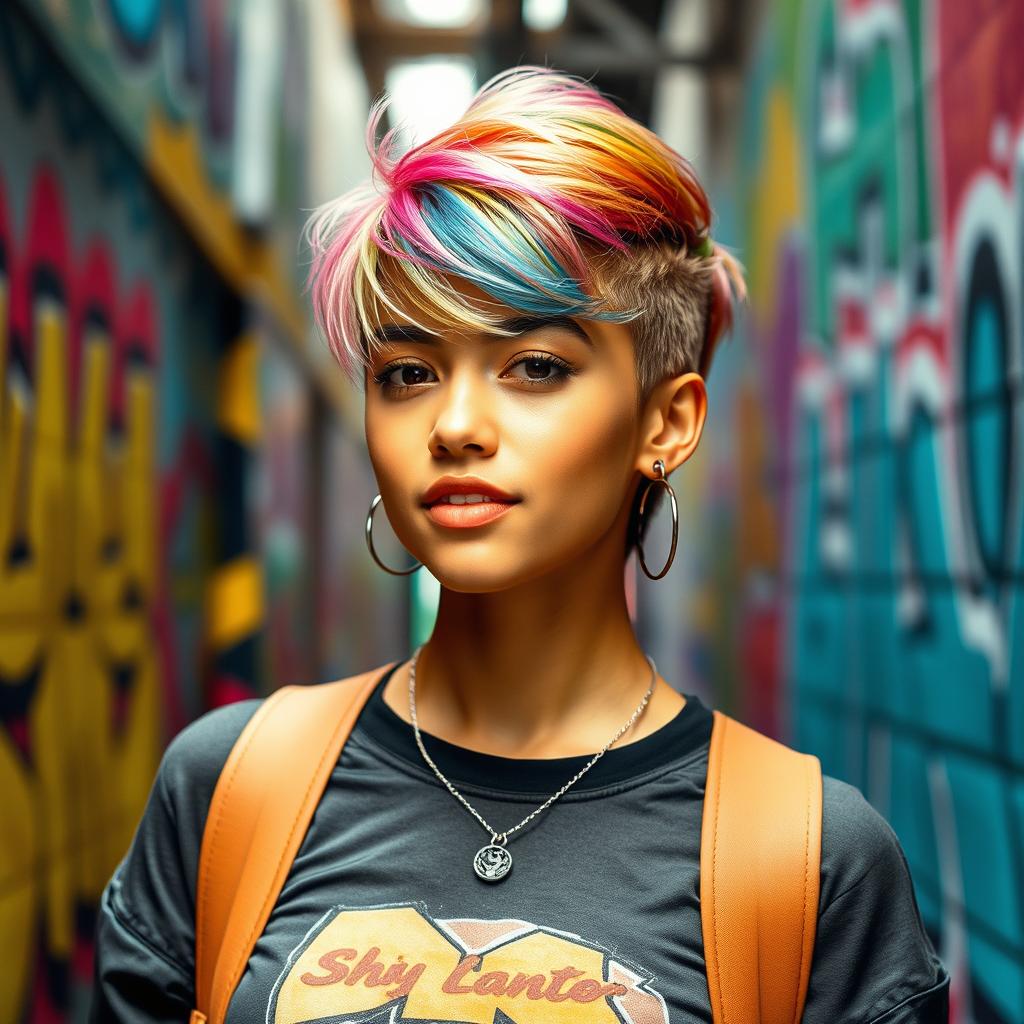 A stylish young woman with short hair, showcasing a vibrant hairstyle, filled with personality and confidence