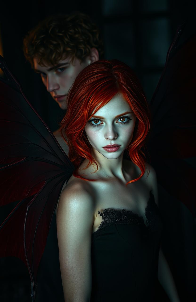 A captivating dark romance scene featuring a striking redhead girl with vibrant red hair and delicate, ethereal wing-like appendages, standing in front of a tall light-skinned man