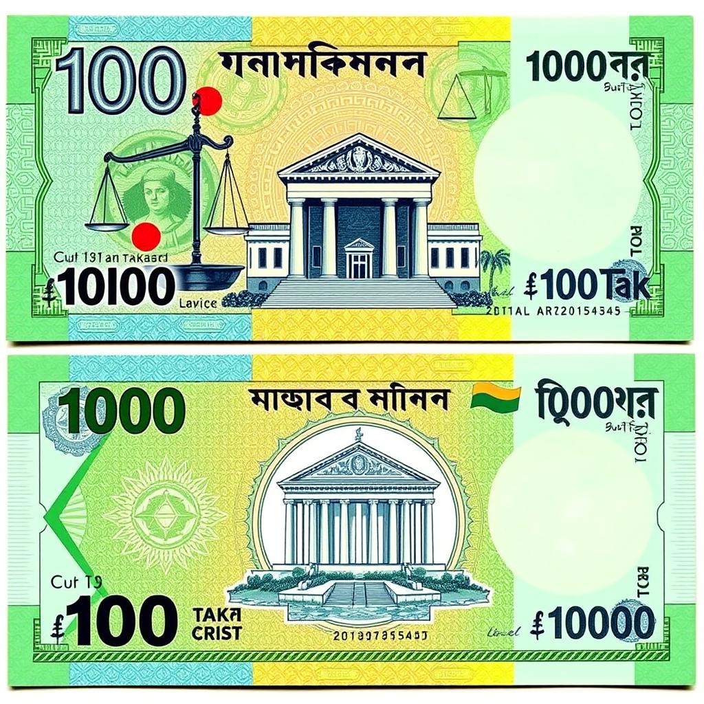 A beautifully crafted 100 Taka banknote with intricate designs and detailed imagery representing the judiciary system of Bangladesh