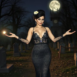 A beautiful, stunning, sexy, innocent young woman with medium breasts and very wide bulging hips, thick round thighs, and long shapely legs stands welcoming with arms outstretched in an old haunted wooden cemetery