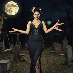 A beautiful, stunning, sexy, innocent young woman with medium breasts and very wide bulging hips, thick round thighs, and long shapely legs stands welcoming with arms outstretched in an old haunted wooden cemetery