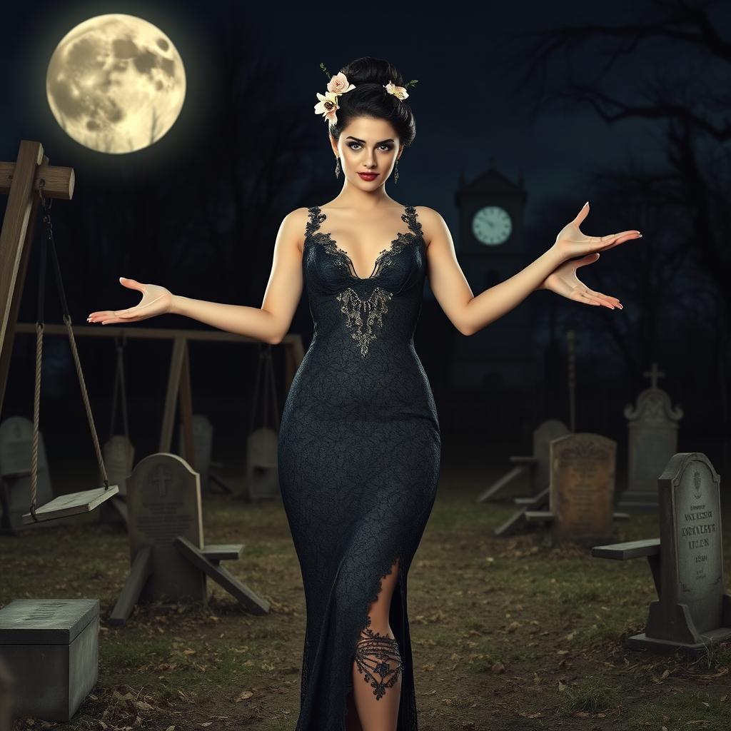 A beautiful, stunning, sexy, innocent young woman with medium breasts and very wide bulging hips, thick round thighs, and long shapely legs stands welcoming with arms outstretched in an old haunted wooden cemetery