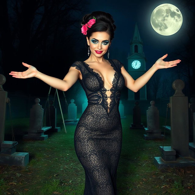 A beautiful, stunning, sexy, innocent young woman with medium breasts and very wide bulging hips, thick round thighs, and long shapely legs stands welcoming with arms outstretched in an old haunted wooden cemetery