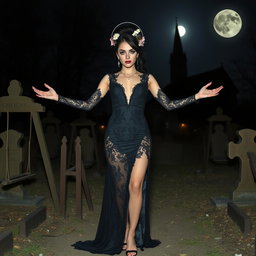 A beautiful, stunning, sexy, innocent young woman with medium breasts and very wide bulging hips, thick round thighs, and long shapely legs stands welcoming with arms outstretched in an old haunted wooden cemetery