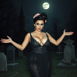 A beautiful and stunning young woman with medium-sized breasts and very wide, bulging hips stands elegantly in an old haunted cemetery
