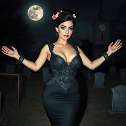 A beautiful and stunning young woman with medium-sized breasts and very wide, bulging hips stands elegantly in an old haunted cemetery