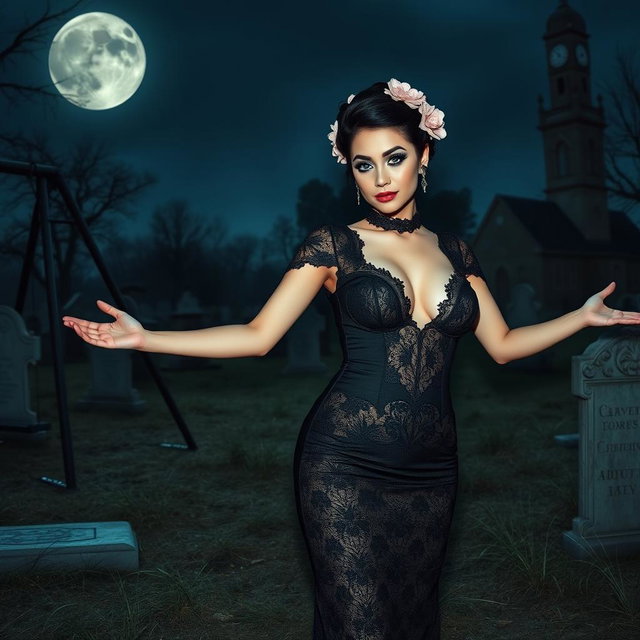 A beautiful and stunning young woman with medium-sized breasts and very wide, bulging hips stands elegantly in an old haunted cemetery