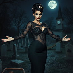A beautiful and stunning young woman with medium-sized breasts and very wide, bulging hips stands elegantly in an old haunted cemetery