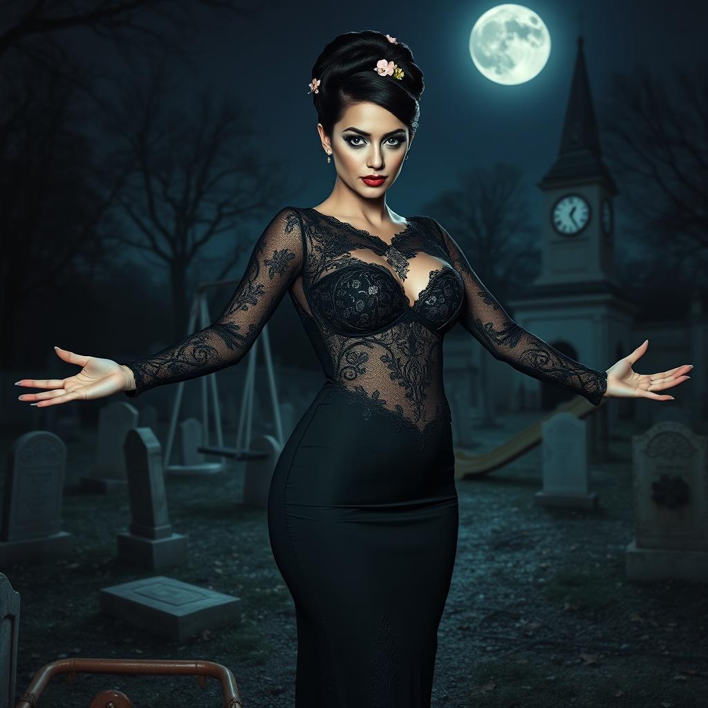 A beautiful and stunning young woman with medium-sized breasts and very wide, bulging hips stands elegantly in an old haunted cemetery