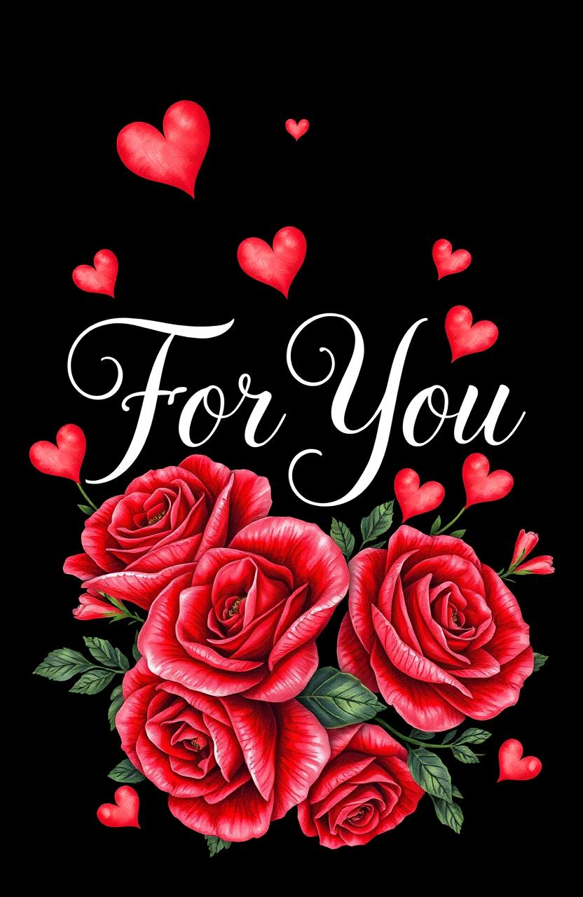 A striking and romantic image featuring the words "For You" in elegant, flowing script by Madalynn Boltz, surrounded by vibrant red roses and delicate hearts