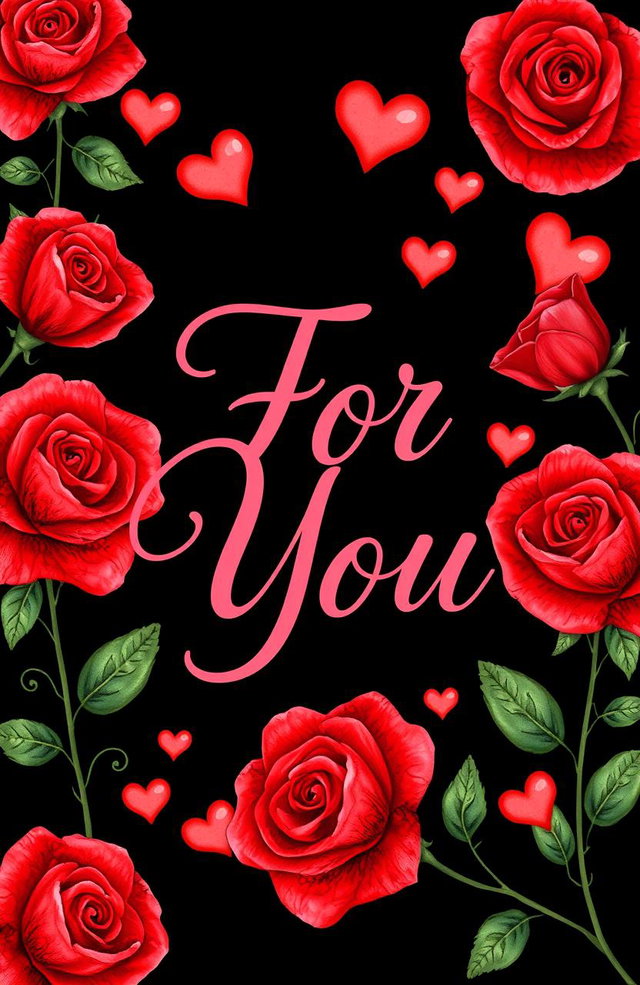 A striking and romantic image featuring the words "For You" in elegant, flowing script by Madalynn Boltz, surrounded by vibrant red roses and delicate hearts