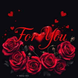 An intense and evocative image featuring the words "For You" in elegant, flowing script by Madalynn Boltz, surrounded by rich red and dark red roses and intricately designed hearts