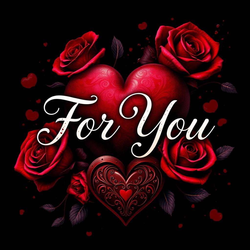 An intense and evocative image featuring the words "For You" in elegant, flowing script by Madalynn Boltz, surrounded by rich red and dark red roses and intricately designed hearts