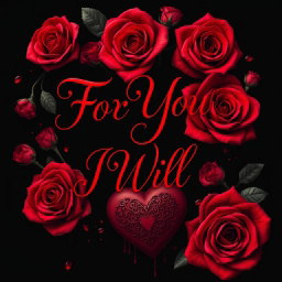 An intense and captivating image featuring the phrase "For You, I Will" in elegant, flowing script by Madalynn Boltz, surrounded by vibrant red roses and intricately designed hearts