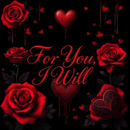 An intense and captivating image featuring the phrase "For You, I Will" in elegant, flowing script by Madalynn Boltz, surrounded by vibrant red roses and intricately designed hearts