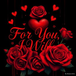 An intense and captivating image featuring the phrase "For You, I Will" in elegant, flowing script by Madalynn Boltz, surrounded by vibrant red roses and intricately designed hearts
