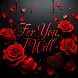 An intense and captivating image featuring the phrase "For You, I Will" in elegant, flowing script by Madalynn Boltz, surrounded by vibrant red roses and intricately designed hearts