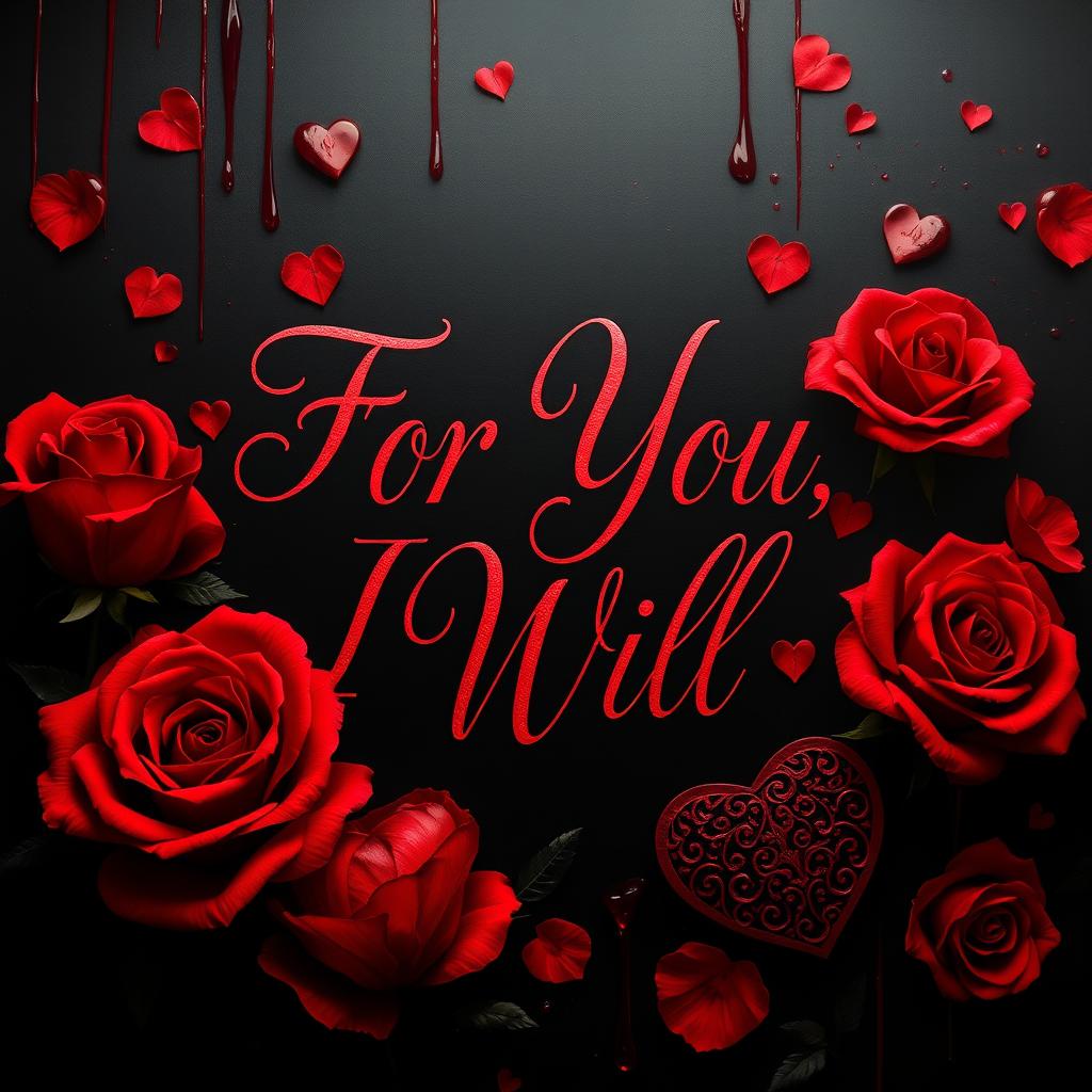 An intense and captivating image featuring the phrase "For You, I Will" in elegant, flowing script by Madalynn Boltz, surrounded by vibrant red roses and intricately designed hearts