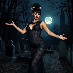 A beautiful and stunning young woman with medium-sized breasts and very wide, bulging hips stands gracefully in an old haunted wooded cemetery