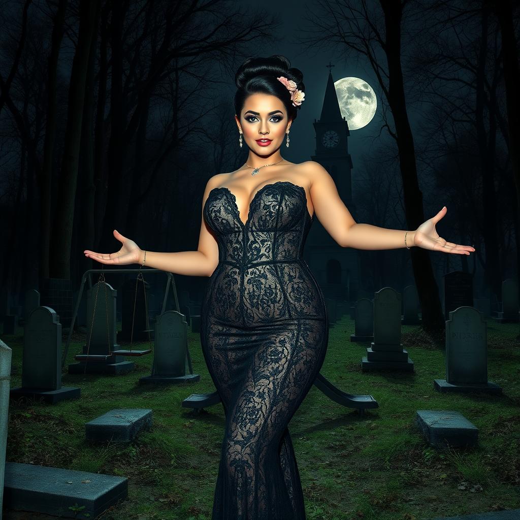A beautiful and stunning young woman with medium-sized breasts and very wide, bulging hips stands gracefully in an old haunted wooded cemetery