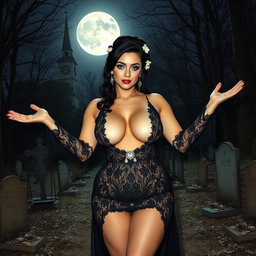 A beautiful and stunning young woman with medium-sized breasts and very wide, bulging hips stands gracefully in an old haunted wooded cemetery