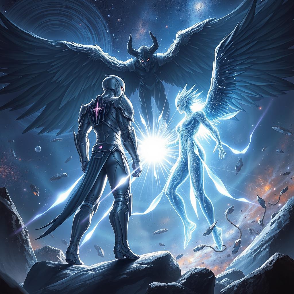 A dramatic confrontation between Andika, a mysterious and powerful warrior with the ability to manipulate light, and Azazel, a fearsome fallen angel characterized by his dark and brooding presence