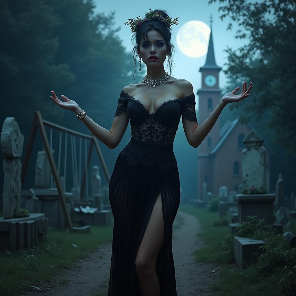 A beautiful, stunning, sexy girl with medium breasts and very wide, bulging hips, thick round fat thighs, and long, shapely legs, standing barefoot with her arms out to her side in a welcoming pose
