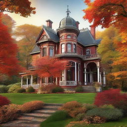 Generate an image of a Victorian era mansion nestled in a beautiful and bountiful forest, in the midst of fall, with lush orange and red leaves on the trees