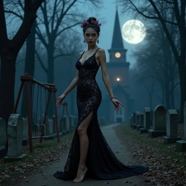 A beautiful, stunning 18-year-old girl with medium breasts and wide, bulging hips stands barefoot in an old haunted wooded cemetery at midnight, arms out to her side in a welcoming pose