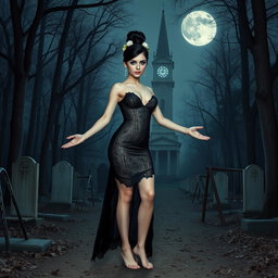 A beautiful, stunning 18-year-old girl with medium breasts, very wide, bulging hips, thick round thighs, and long, shapely legs stands barefoot with her arms out to her side, exuding a welcoming vibe with a sardonic half-smile on her face