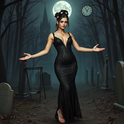 A beautiful, stunning 18-year-old girl with medium breasts, very wide, bulging hips, thick round thighs, and long, shapely legs stands barefoot with her arms out to her side, exuding a welcoming vibe with a sardonic half-smile on her face