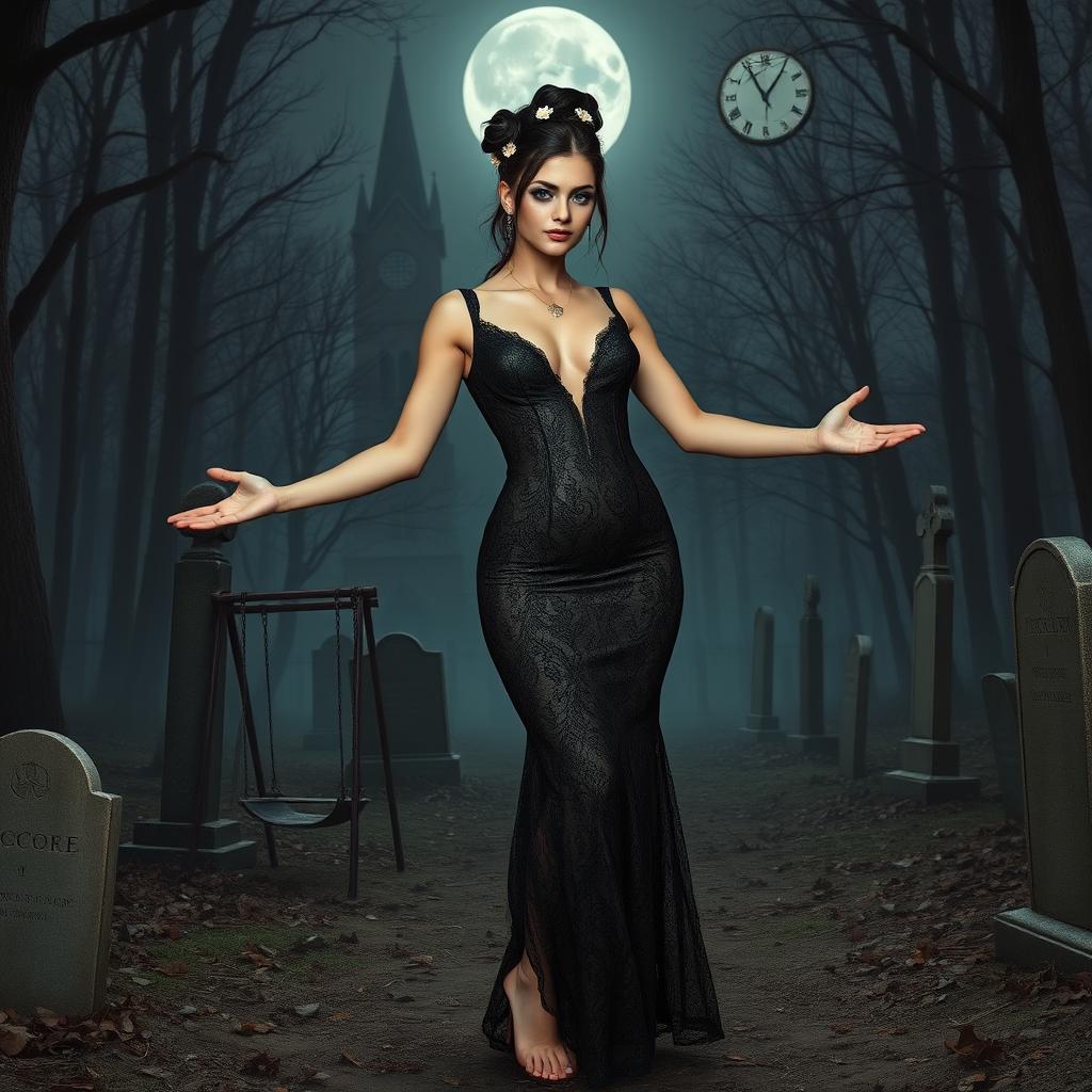A beautiful, stunning 18-year-old girl with medium breasts, very wide, bulging hips, thick round thighs, and long, shapely legs stands barefoot with her arms out to her side, exuding a welcoming vibe with a sardonic half-smile on her face