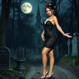 A beautiful, stunning 18-year-old girl with medium breasts, very wide, bulging hips, thick round thighs, and long, shapely legs stands barefoot with her arms out to her side, exuding a welcoming vibe with a sardonic half-smile on her face