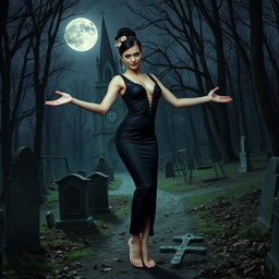 A beautiful, stunning 18-year-old girl with medium breasts, very wide, bulging hips, thick round thighs, and long, shapely legs stands barefoot with her arms out to her side, exuding a welcoming vibe with a sardonic half-smile on her face