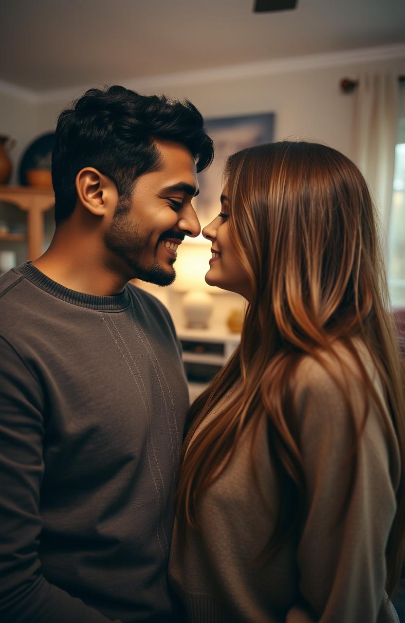 An Indian man with a warm smile and an inviting expression leaning towards a long brown-haired white woman, their faces close together as they are about to kiss