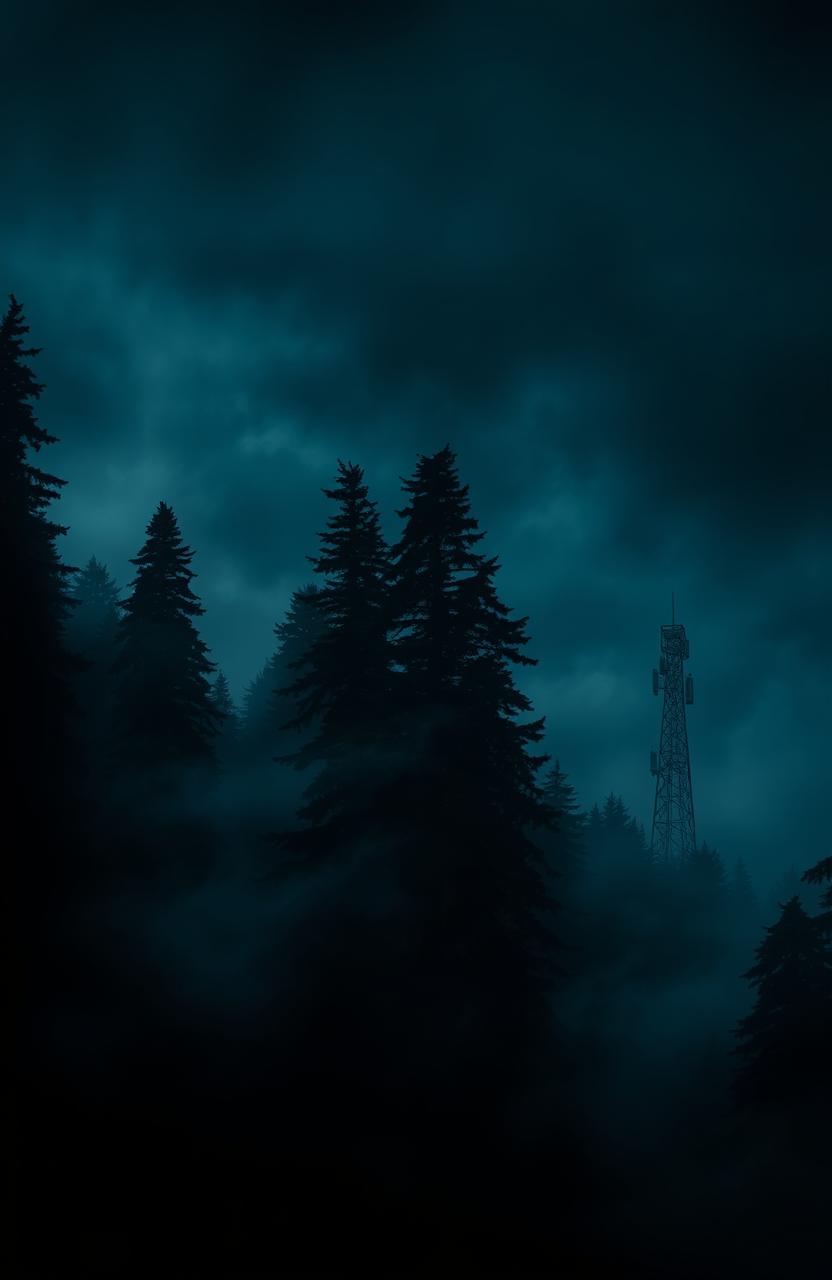 An edgy and atmospheric book cover design featuring a dense, shadowy forest at night