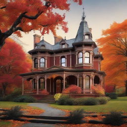 Generate an image of a Victorian era mansion nestled in a beautiful and bountiful forest, in the midst of fall, with lush orange and red leaves on the trees