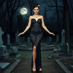 A beautiful, stunning, shapely 18-year-old girl with medium breasts, wide, bulging hips, thick round thighs, and long, shapely legs stands barefoot with her arms out to her side, wearing a sardonic half-smile