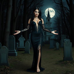 A beautiful, stunning, sexy 18-year-old girl with medium breasts and very wide, bulging hips stands barefoot, arms out to her side in a welcoming pose, with a sardonic half-smile on her face
