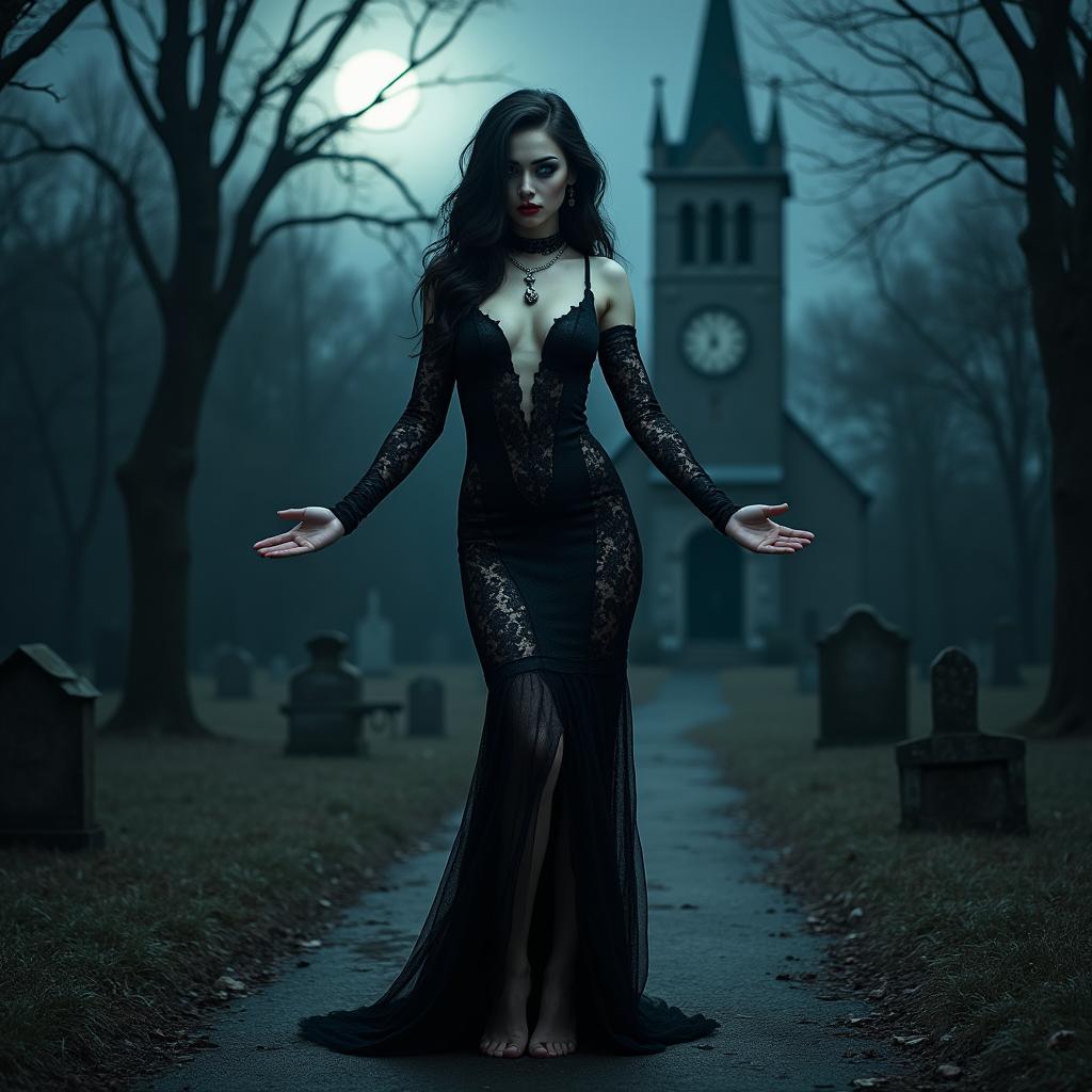 A beautiful, stunning 18-year-old girl with medium breasts, very wide, bulging hips, thick round thighs, and long, shapely legs stands barefoot, arms outstretched in a welcoming gesture, with a sardonic half-smile on her face