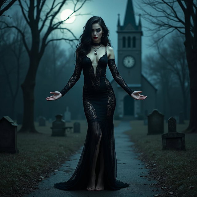 A beautiful, stunning 18-year-old girl with medium breasts, very wide, bulging hips, thick round thighs, and long, shapely legs stands barefoot, arms outstretched in a welcoming gesture, with a sardonic half-smile on her face