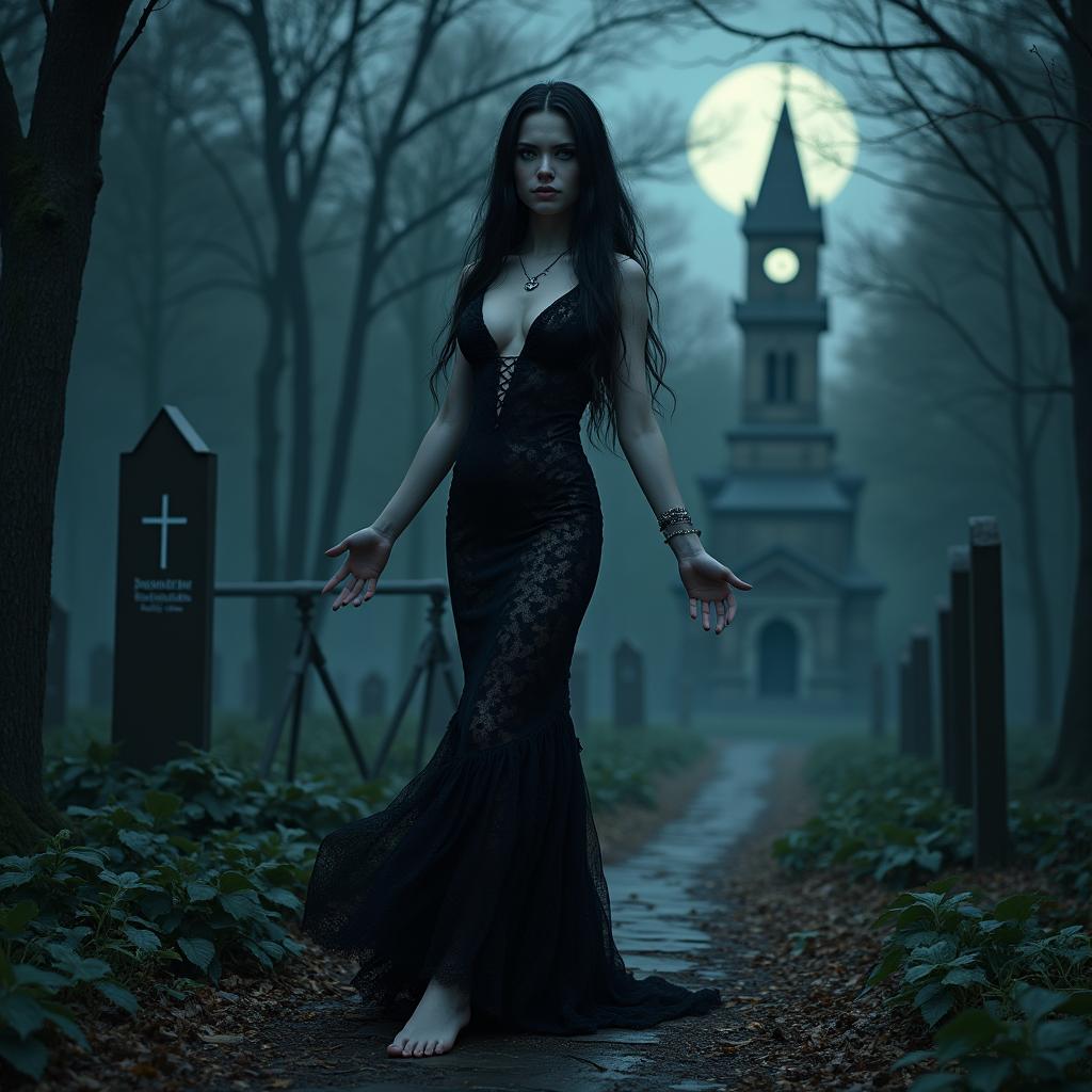 A beautiful, stunning 18-year-old girl with medium breasts, very wide bulging hips, thick round thighs, and long, shapely legs stands barefoot with her arms out to her side, welcoming you with a sardonic half-smile