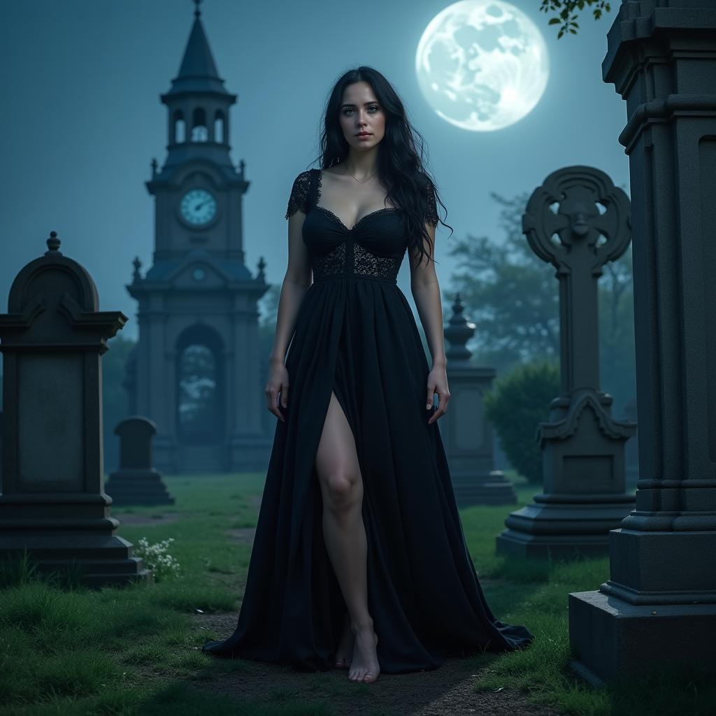 A beautiful, stunning, sexy, innocent, curvy 18-year-old girl with medium breasts, very wide, bulging hips, and thick round thighs stands in a hauntingly beautiful old cemetery